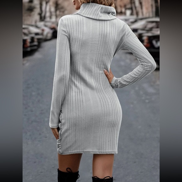 Classic Long Sleeve Cowl Neck Knot Side Wrap Hem Ribbed Dress - Picture 14 of 16